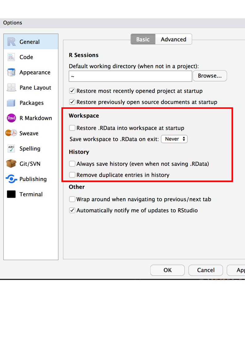 Setting the options right for RStudio, so you don't restore previous sessions work, and don't save it either.